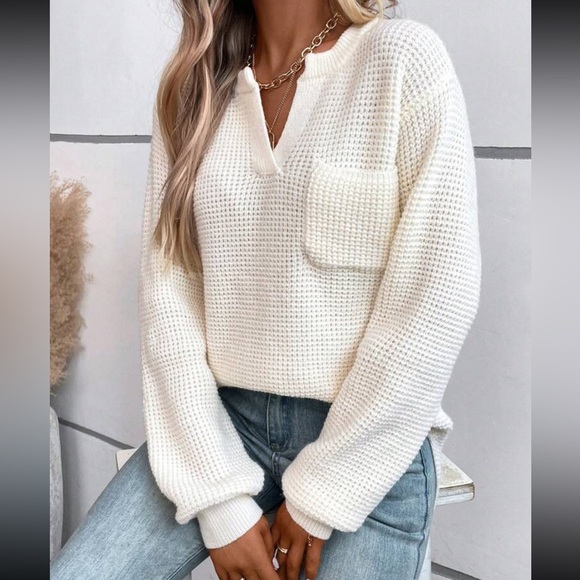 Boho notched neck drop shoulder sweater top - Picture 4 of 6